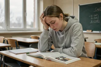 Adolescente fatiguée à son bureau scolaire, illustrant les difficultés de concentration liées à une faible ferritine