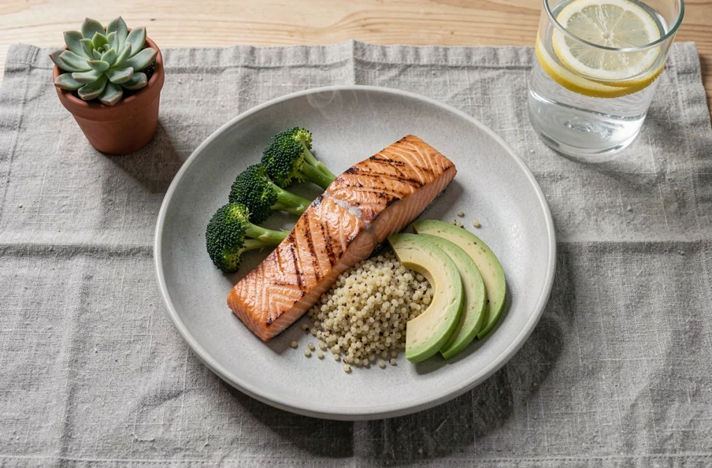 Assiette équilibrée composée de saumon grillé, quinoa et légumes verts illustrant un repas préparé selon la méthode API pour maigrir durablement