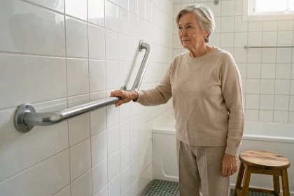 Femme âgée utilisant une barre d'appui installée dans la salle de bain pour prévenir les chutes à domicile