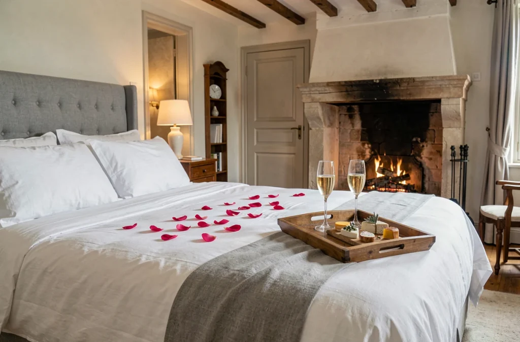 Chambre romantique avec pétales de roses et champagne dans une maison d'hôtes du Cher