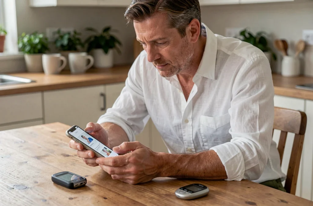 Homme comparant une application de comptage de pas sur smartphone et un podomètre numérique sur une table en bois