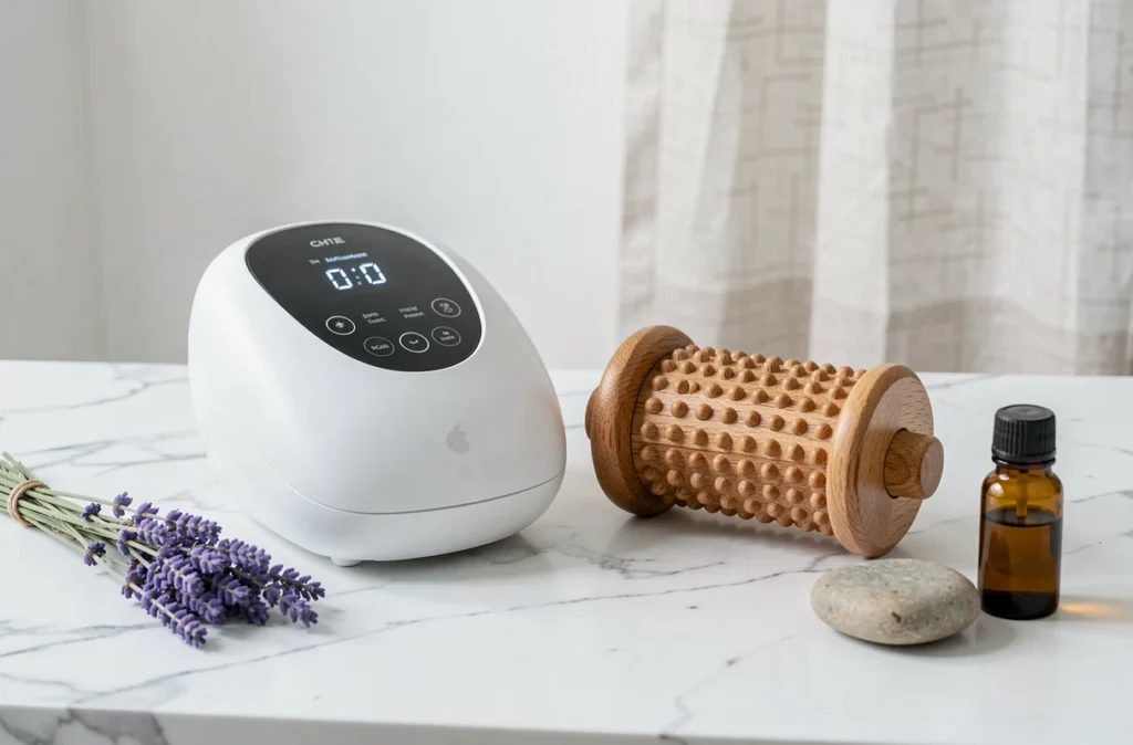 Comparaison entre un appareil de massage de pied électrique et un rouleau manuel en bois sur un plan en marbre blanc