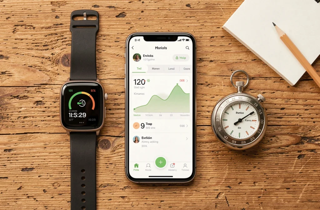 Vue aérienne comparant une montre connectée, une application de pas sur smartphone et un podomètre posés sur une table en bois