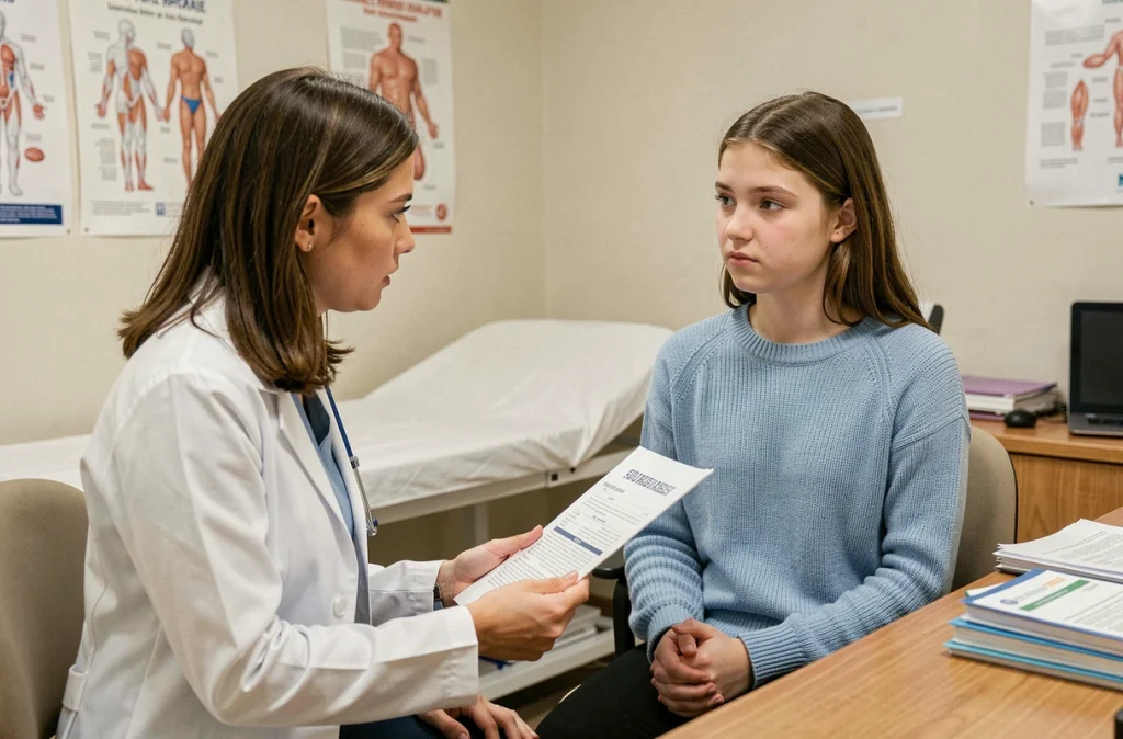 Médecin expliquant des résultats de ferritine basse à une adolescente lors d'une consultation médicale