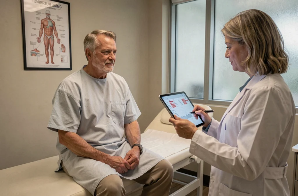 Patient en consultation d'oncologie recevant les résultats d'une analyse sanguine pour TCMH bas