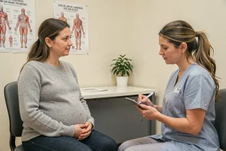 Femme enceinte en consultation prénatale avec une sage-femme dans un cabinet médical moderne