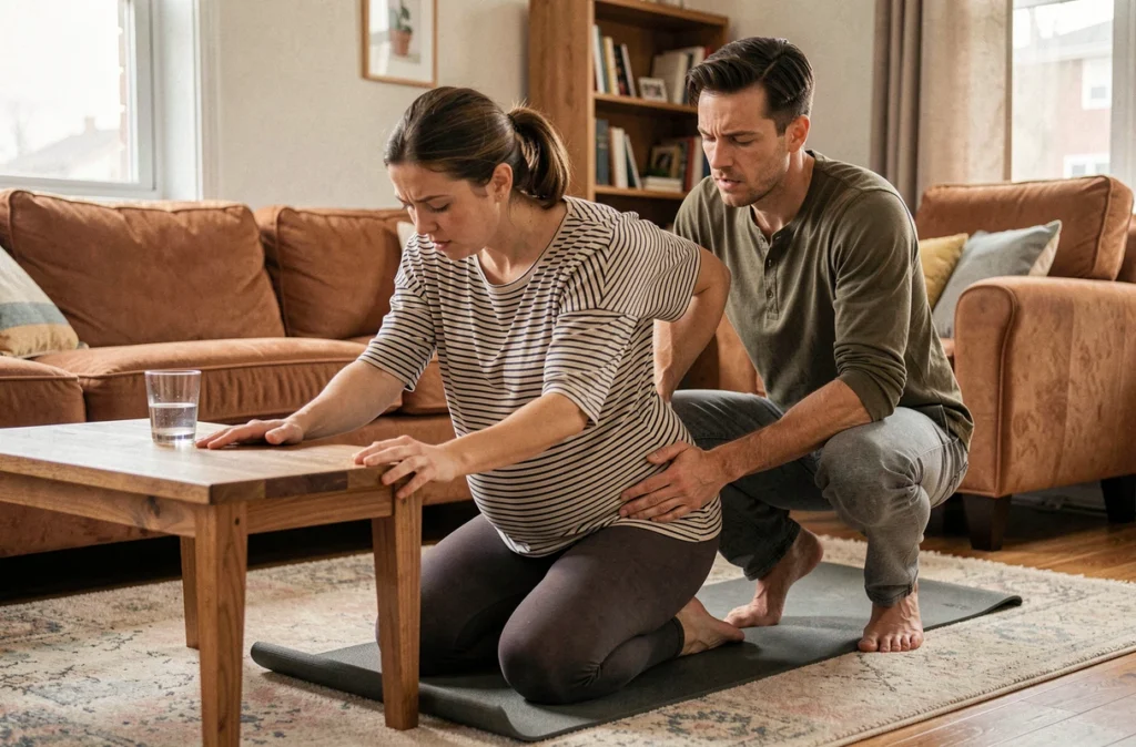 Femme enceinte à domicile en position à quatre pattes pendant une contraction, soutenue par son partenaire dans un salon chaleureux