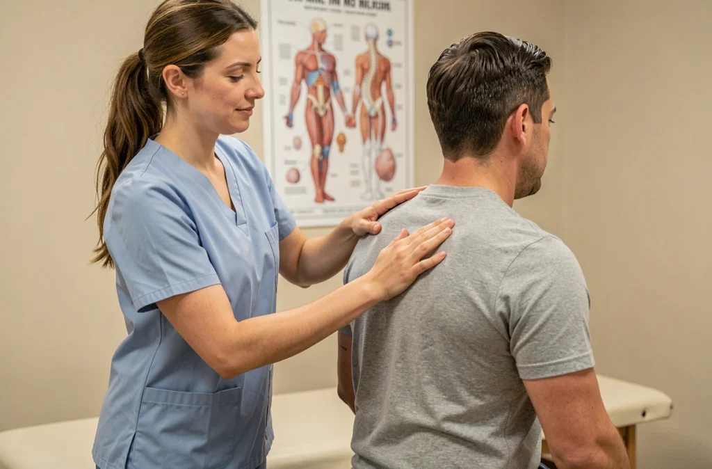Kinésithérapeute corrigeant la posture d'un patient lors d'une séance de rééducation pour soulager la douleur de côte flottante