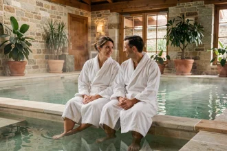 Couple en peignoir blanc au bord d'un bassin thermal intérieur dans un spa romantique du Cher