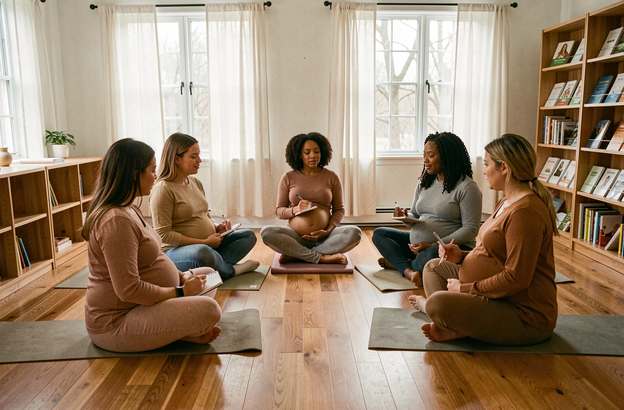 Cours de préparation à la naissance avec plusieurs femmes enceintes animé par une professionnelle de santé