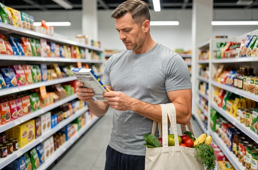 Homme lisant les étiquettes nutritionnelles au supermarché lors de ses courses pour respecter les principes de la méthode API et favoriser la perte de poids