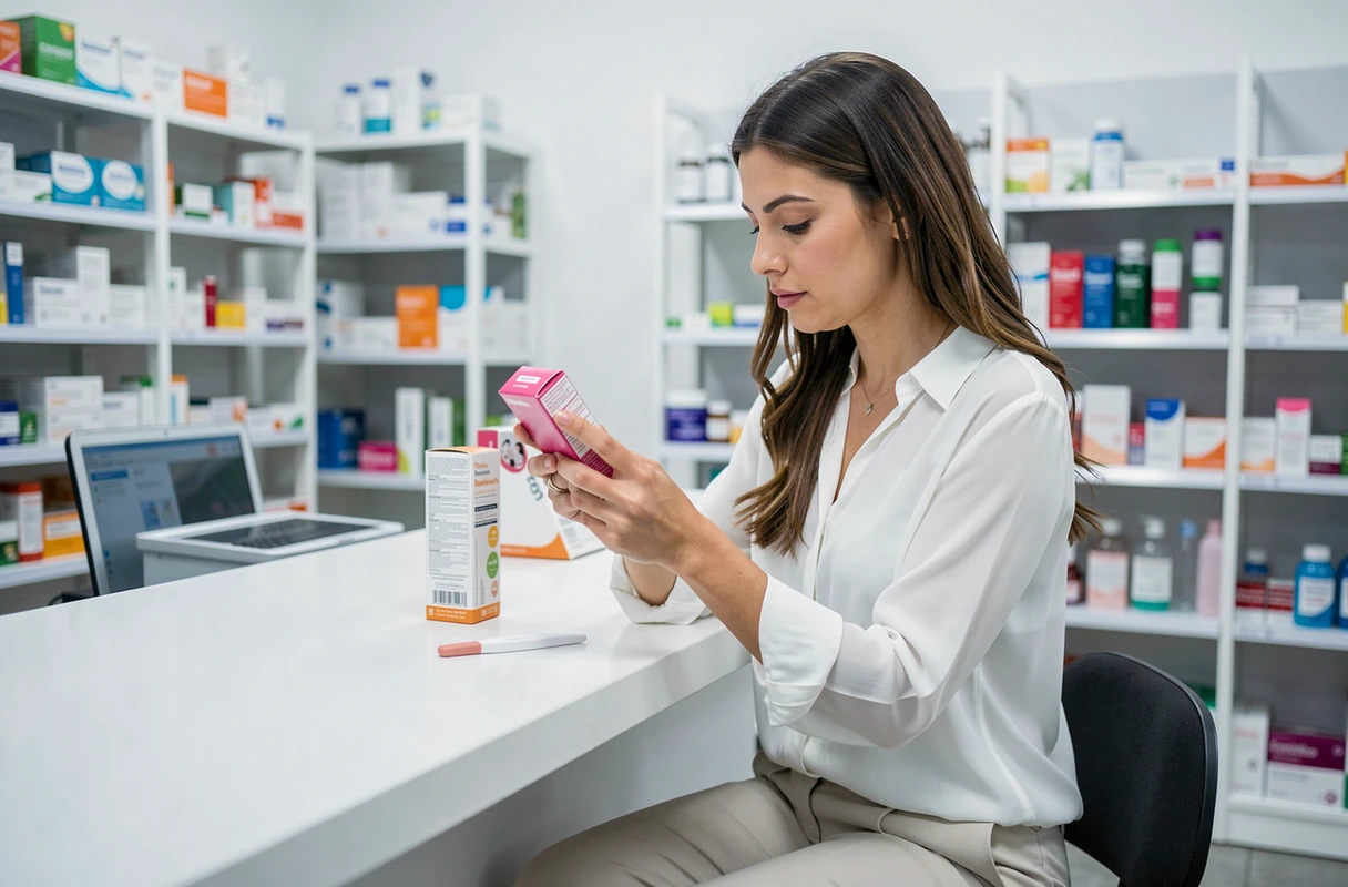 Femme lisant une boîte de vitamines prénatales dans une pharmacie avec un test de grossesse positif posé sur le comptoir