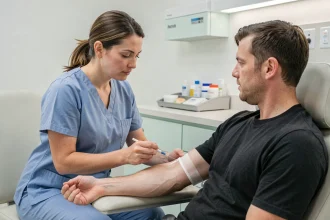 Infirmière prélevant du sang sur un patient dans un centre de don de sang moderne
