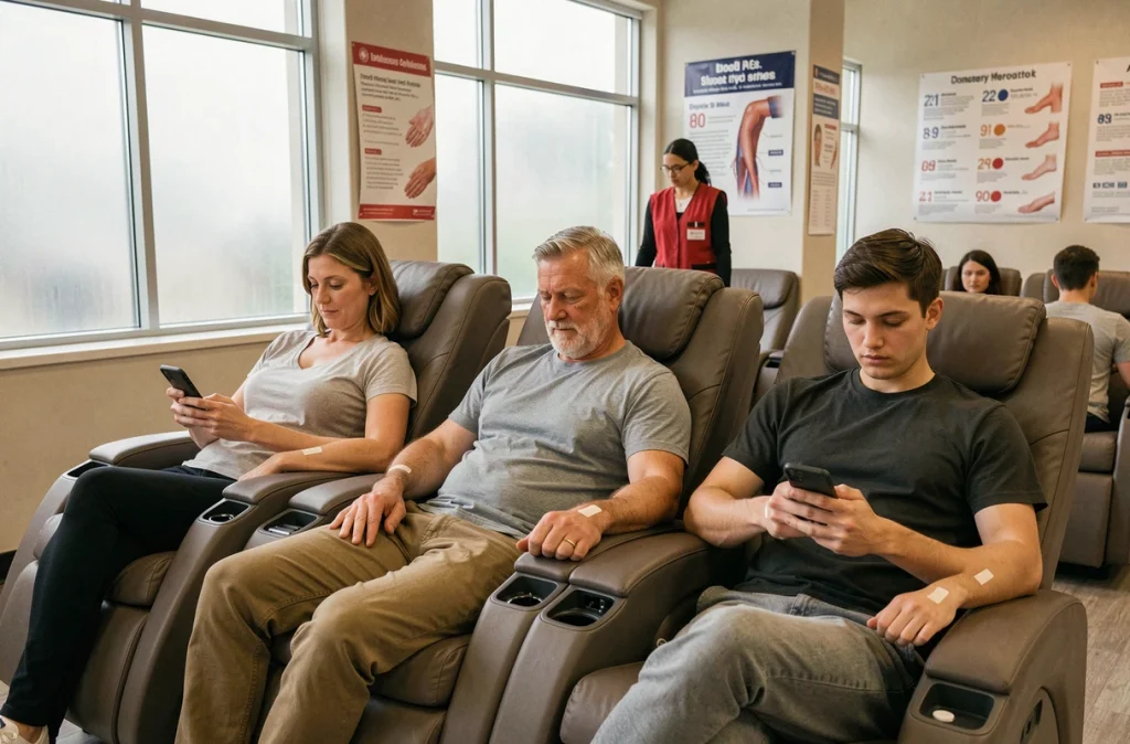 Trois donneurs de sang assis dans des fauteuils de don dans un centre de collecte
