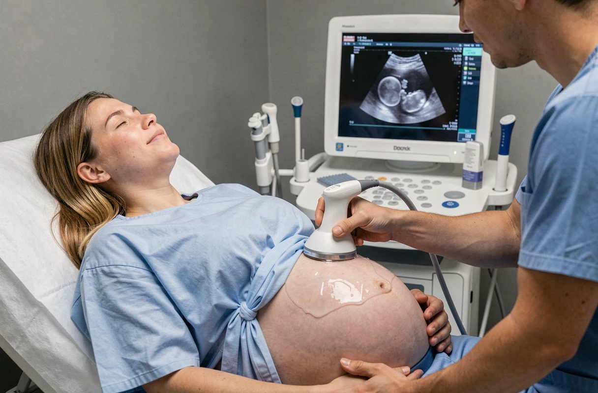 Échographie prénatale avec une femme enceinte et une échographiste dans une salle d'examen hospitalière