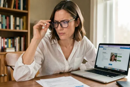 Femme tenant ses lunettes correctrices et consultant une prescription optique sur son ordinateur pour calculer son verre correcteur