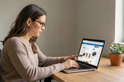 Femme comparant les prix du système Indiva sur un ordinateur portable dans un bureau à domicile moderne