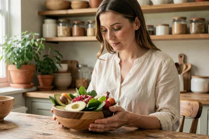 Femme enceinte tenant un bol de fruits et légumes frais dans une cuisine chaleureuse, illustrant une alimentation saine pendant la grossesse