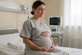 Femme enceinte assise sur un lit d'hôpital en salle de maternité, les mains sur le ventre, expression calme pendant des contractions irrégulières