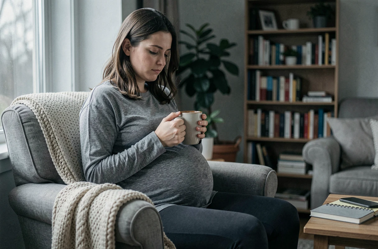 Femme enceinte fatiguée assise dans un fauteuil avec une tasse chaude, exprimant les difficultés du sommeil au cours de la grossesse