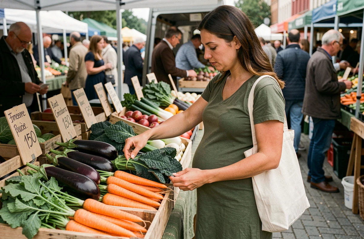 Femme enceinte choisissant des légumes frais sur un marché fermier, symbolisant l'importance d'une nutrition équilibrée durant la grossesse