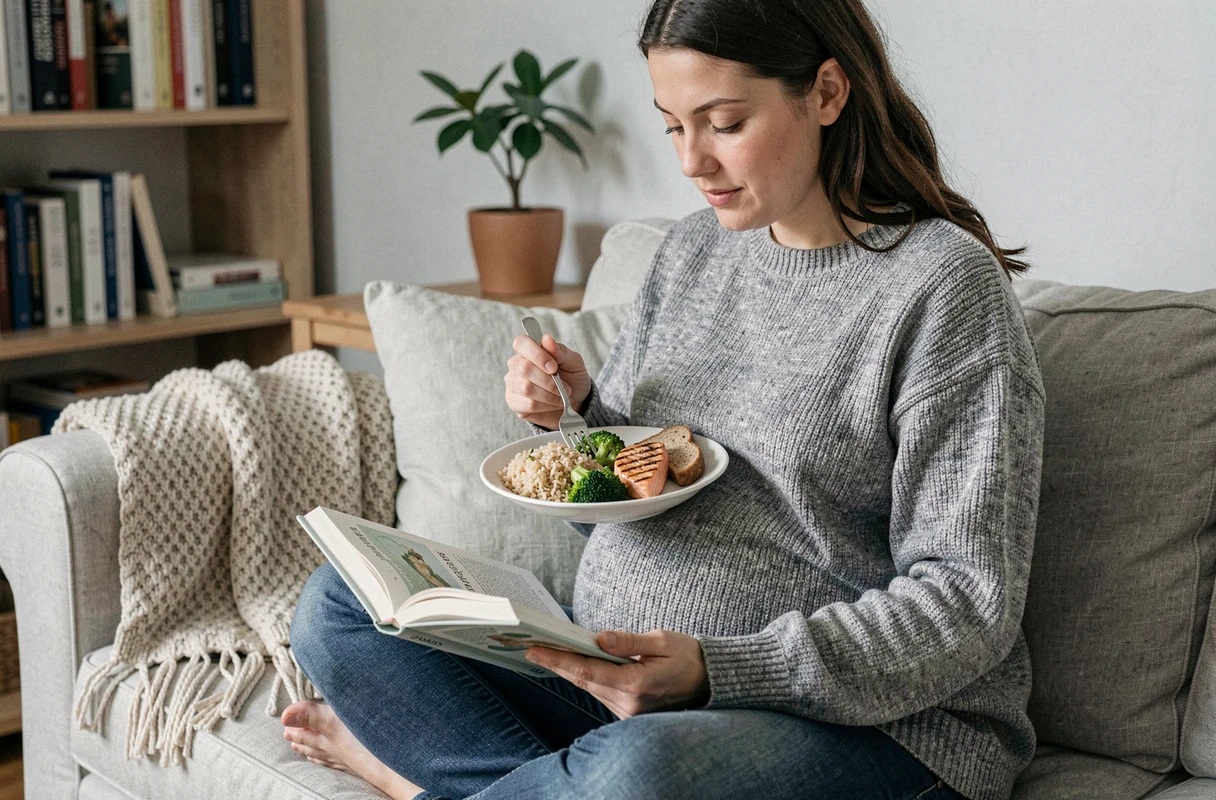 Femme enceinte dégustant un repas équilibré dans son salon tout en lisant un livre sur la nutrition prénatale
