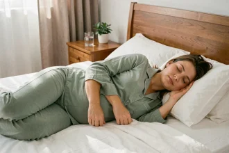 Femme enceinte dormant sur le côté dans un lit confortable avec un oreiller de maternité, illustrant la gestion du sommeil pendant la grossesse
