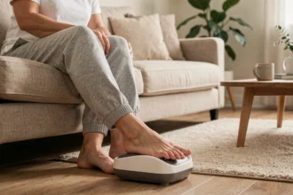 Femme utilisant un appareil de massage de pied électrique posé sur un plancher en bois dans un salon cosy