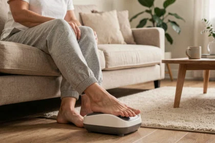 Femme utilisant un appareil de massage de pied électrique posé sur un plancher en bois dans un salon cosy