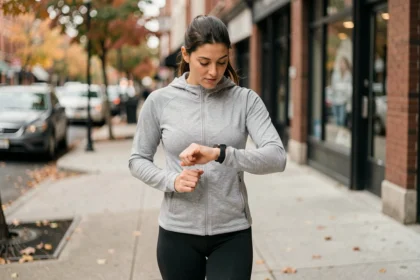 Femme consultant sa montre connectée pour mesurer ses pas lors d'une marche urbaine