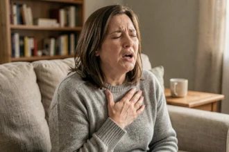 Femme adulte souffrant d'une quinte de toux assise sur un canapé à la maison