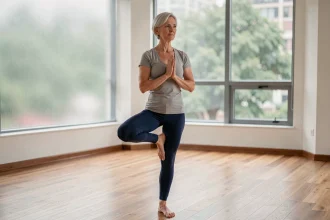 Femme de 65 ans pratiquant une pose d'équilibre yoga dans un studio lumineux au parquet en bois