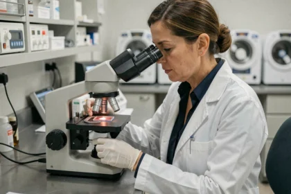 Hématologue examinant un frottis sanguin au microscope pour diagnostiquer une carence en fer ou un cancer