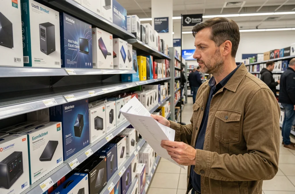 Homme examinant des produits Indiva dans un magasin et comparant les offres promotionnelles