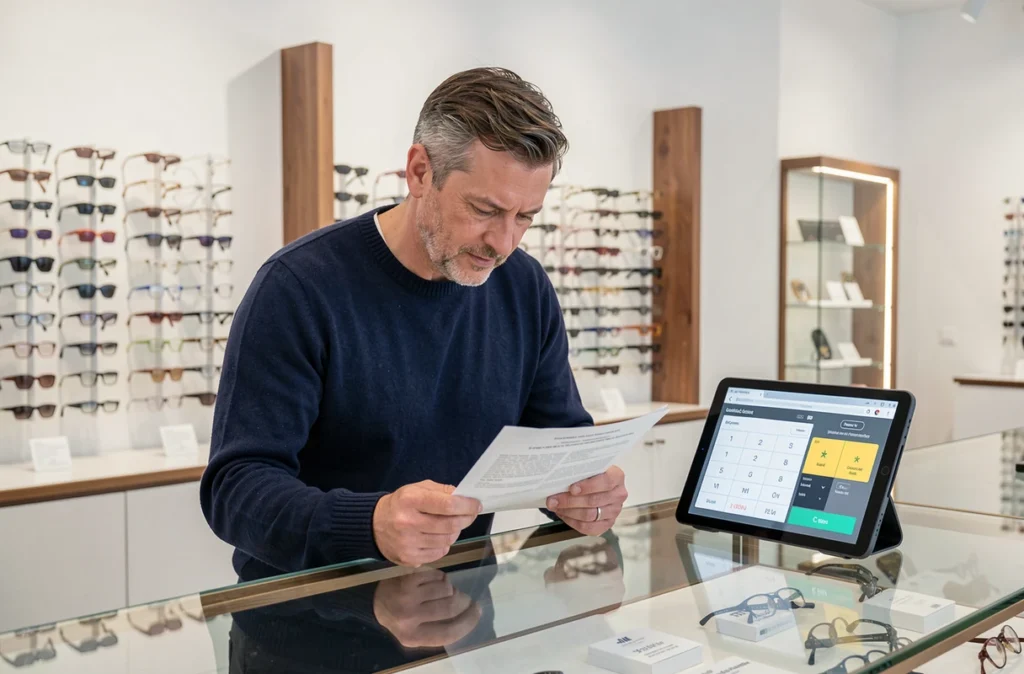 Homme en magasin d'optique lisant une fiche de correction pour comprendre le calcul de son verre correcteur