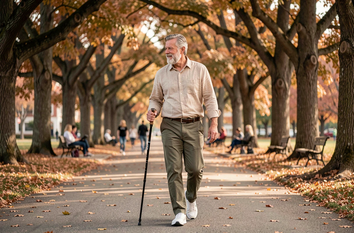 Homme senior marchant d'un pas soutenu dans un parc arboré en automne avec un bâton de randonnée
