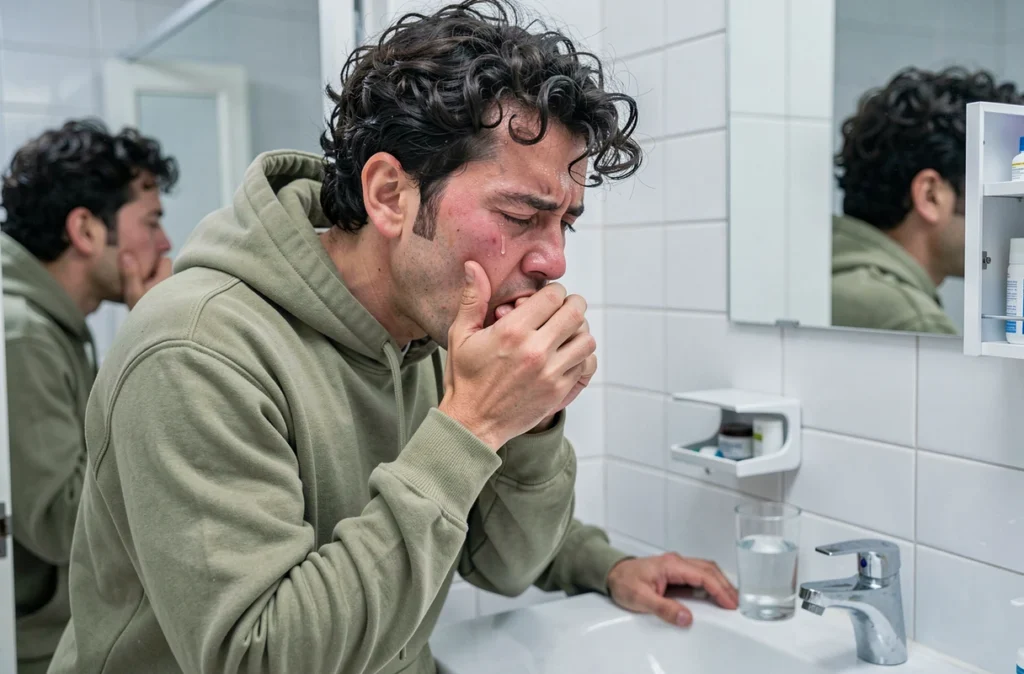 Homme jeune ayant une quinte de toux dans une salle de bain avec un verre d'eau
