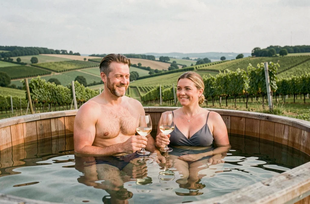 Couple dans un jacuzzi privatif en plein air avec vue sur les collines du Berry dans le Cher