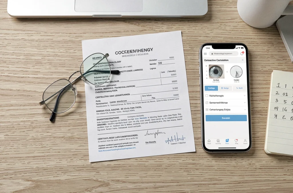 Lunettes correctrices posées sur une ordonnance opticienne et un smartphone affichant un calculateur de verre correcteur en ligne