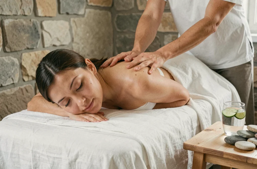 Femme recevant un massage relaxant dans une cabine de soin d'un spa du Cher