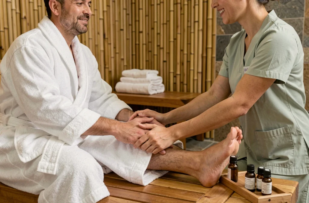 Homme recevant un massage de pied manuel dans un centre de bien-être avec des accessoires de spa naturels