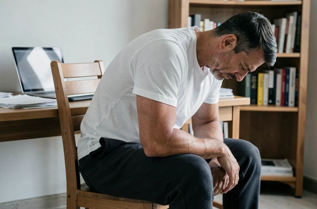 Homme en mauvaise posture assis au bureau avec le dos courbé, illustrant les effets d'une posture incorrecte sur les douleurs de côte flottante