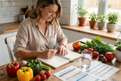 Femme planifiant un menu équilibré avec la méthode API pour une perte de poids durable, entourée de légumes frais dans une cuisine moderne