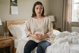Jeune femme enceinte au début de sa grossesse assise sur le bord de son lit, les mains sur le ventre, air pensif dans une chambre cosy