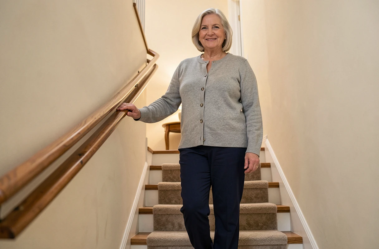 Femme âgée tenant une double rampe d'escalier installée pour prévenir les chutes dans les escaliers à domicile