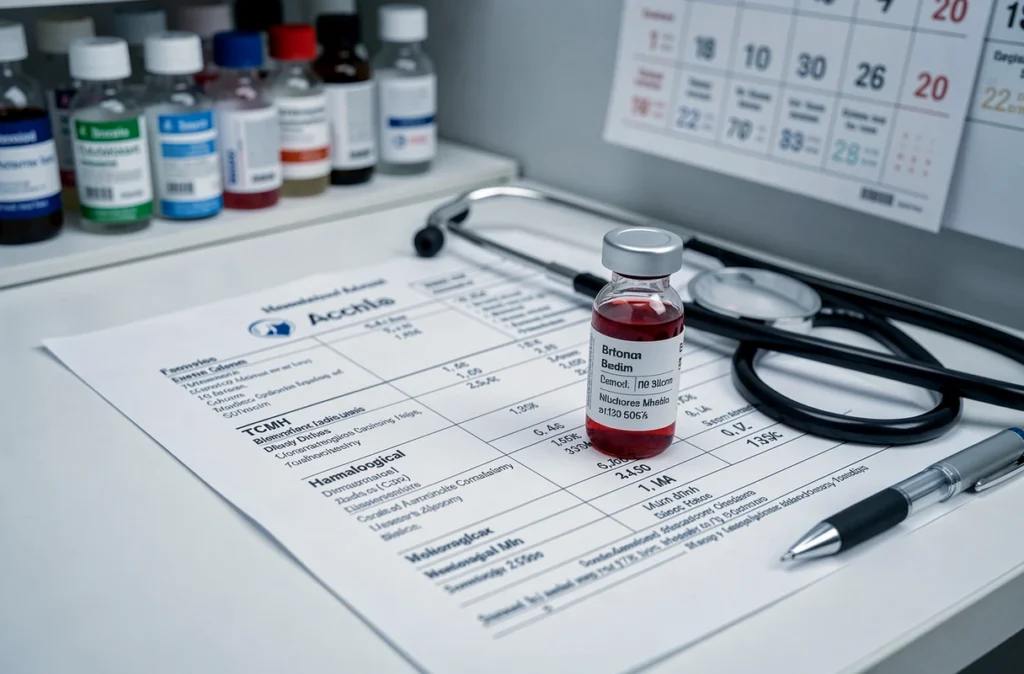 Résultats d'analyse sanguine montrant un TCMH bas posés sur un bureau de laboratoire médical