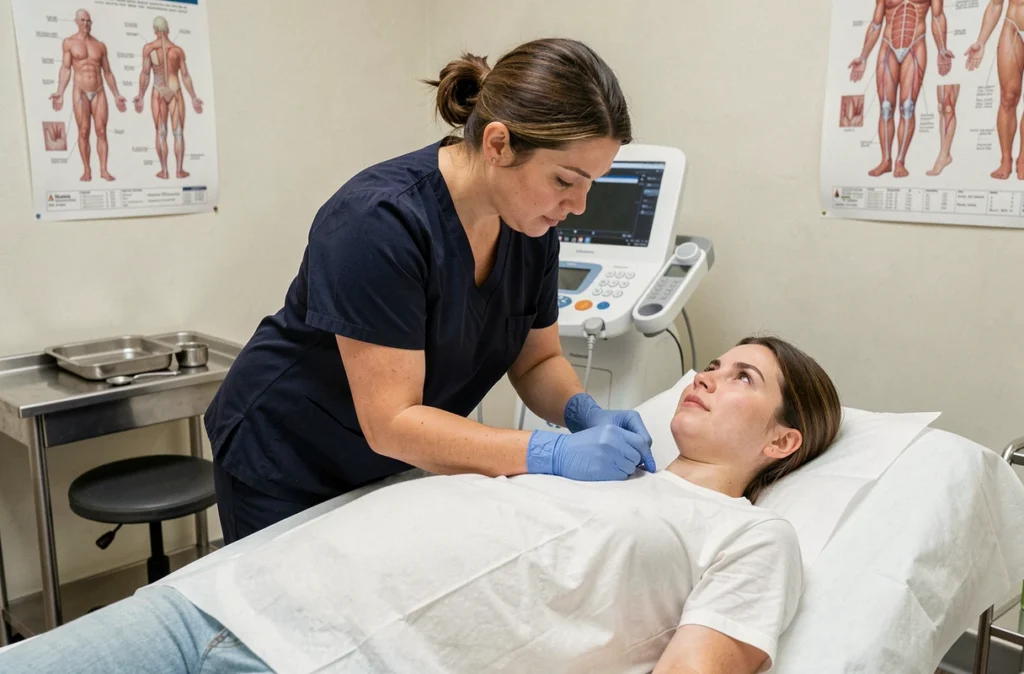 Sage-femme en blouse effectuant un examen du col de l'utérus sur une femme enceinte dans une salle d'examen médicale