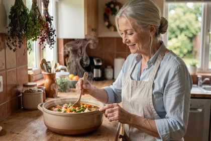 Une femme senior souriante préparant une soupe de légumes équilibrée dans une cuisine chaleureuse et familiale