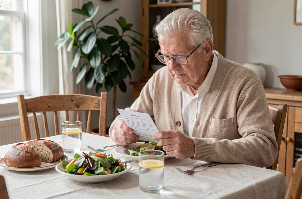 Un homme âgé découvrant un repas équilibré et nutritif servi à une table familiale lumineuse