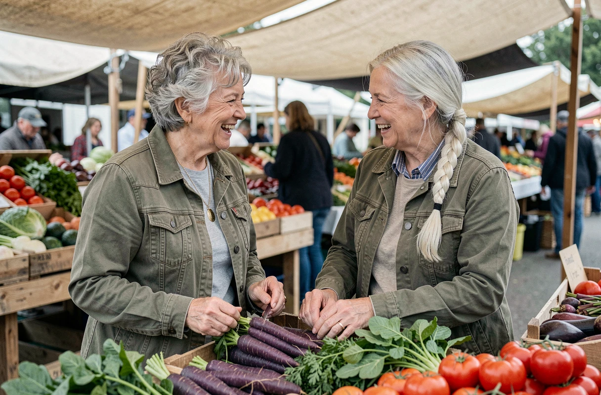 Deux femmes seniors choisissant ensemble des légumes frais et colorés sur un marché local en plein air